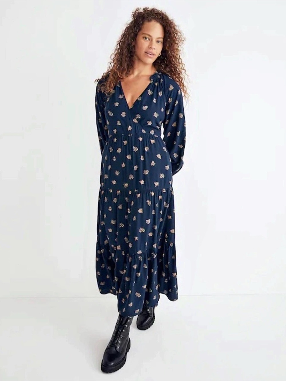 Madewell Tie-Sleeve Tiered Midi Dress in Woodcut Flowers Blue & Gold